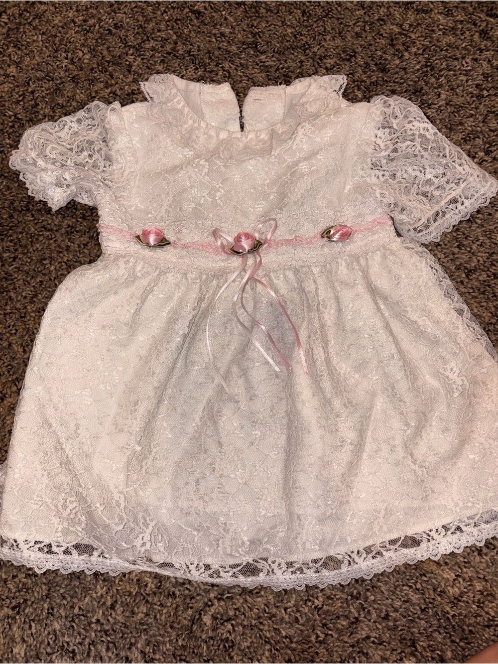 Vintage White Lace Baby Dress with Pink Ribbon Detail